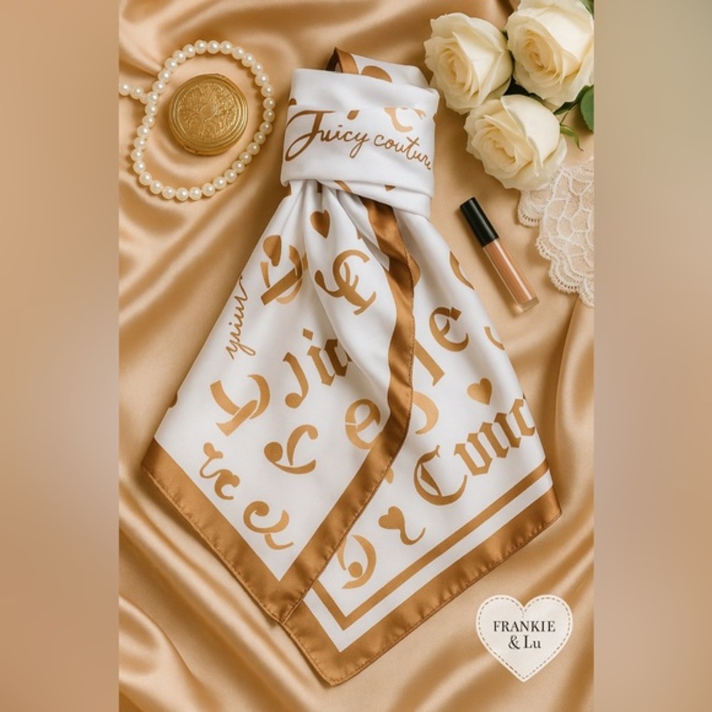 Juicy Couture Gold Logo Satin Silk-Feel Scarf Wrap Shawl NWT Luxe Print